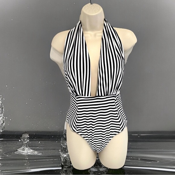 Cupshe Other - CUPSHE Geometric Striped One Piece Backout Swimsuit Halter-Tie Size Med…NWT